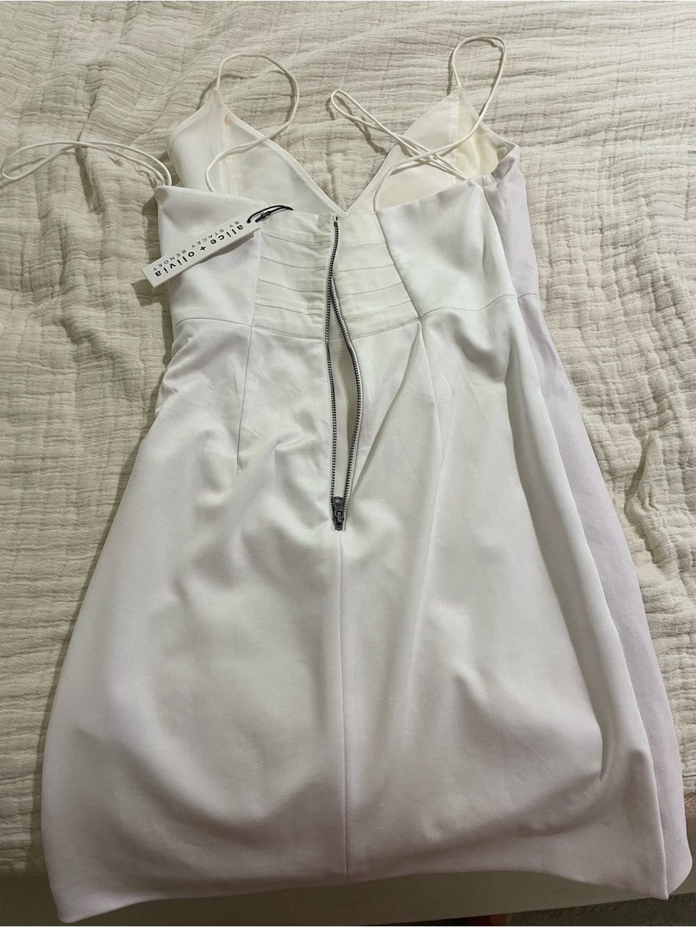 Alice and Olivia White faux leather Spaghetti Strap Dress with back Zip